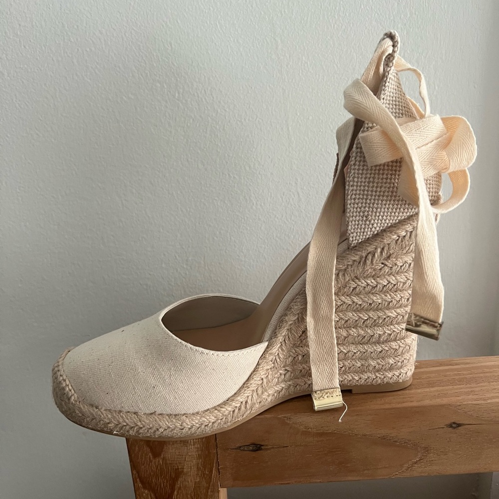 Linen beige natural espadrilles wedge heels
